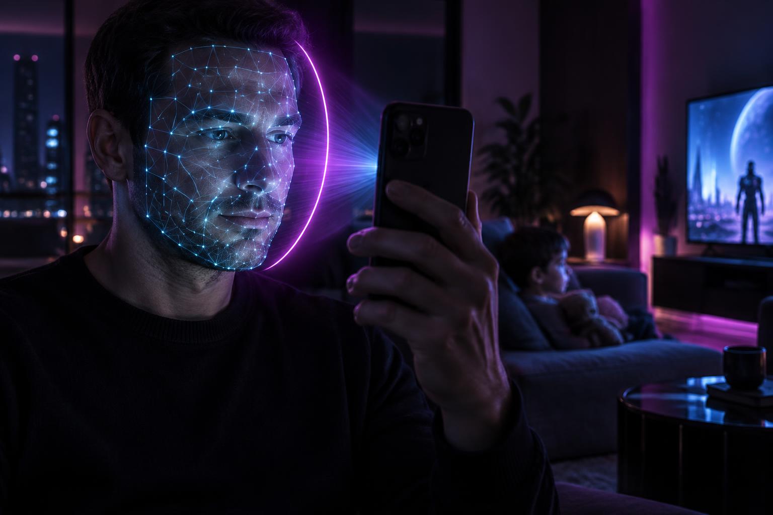 Adulto liberando o modo infantil com biometria facial enquanto a criança assiste TV